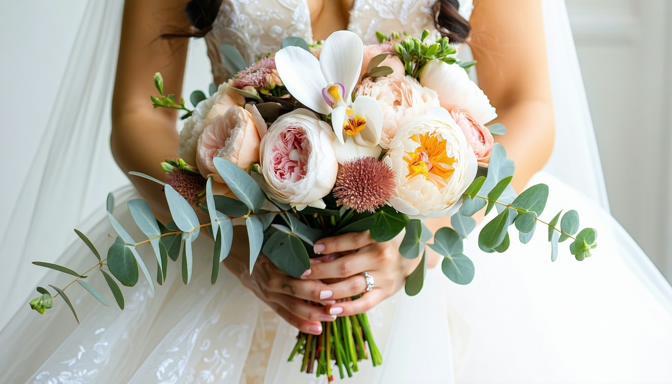 Show a closeup of a premium bridal bouquet with highend flowers like garden roses peonies orchids and ranunculus in soft blush champagne and ivory tones Place the bouquet in the hands of a bride wearing an elegant gown Add the title The Art of Sellin